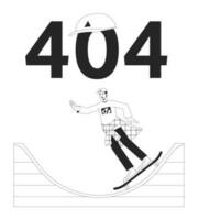 Skater Fahrten auf Rampe schwarz Weiß Error 404 Blitz Botschaft. Mann mit Deckel haben Spaß. Hobby. einfarbig leeren Zustand ui Design. Seite nicht gefunden aufpoppen Karikatur Bild. Vektor eben Gliederung Illustration Konzept