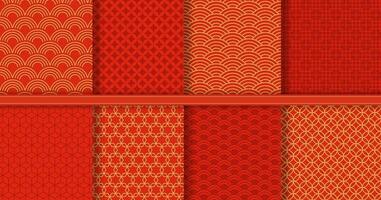 traditionell Chinesisch nahtlos Muster, golden asiatisch Hintergrund. rot und Gold japanisch Welle Ornamente, abstrakt dekorativ Textur Vektor einstellen