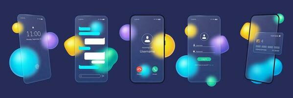 glasmorfism smartphone, transparent glas plattor med mobil app ui. matt glas telefon skärm med suddig abstrakt former vektor uppsättning