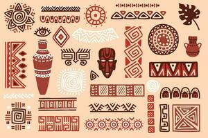 Hand gezeichnet afrikanisch Elemente, Stammes- Formen und Textil- Ornamente. traditionell Ritual Masken, Vasen, ethnisch Kreise und Grenzen Vektor einstellen