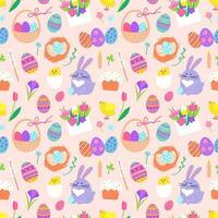 Ostern Kritzeleien nahtlos Muster mit Hase, gemalt Ei und Blumen. süß Küken, Eier im Korb, Blüten, Frühling Urlaub Vektor Textur