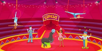 tecknad serie cirkus artister på arena, clown, akrobat, djur- tränare. cirkus artister på skede, karneval visa med akrobater vektor illustration