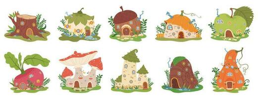 Karikatur Garten Gnom Häuser, süß Märchen Zwerge Haus. Fantasie Wald Elfen Gebäude im gestalten von Pilz, Kürbis, Apfel Vektor einstellen