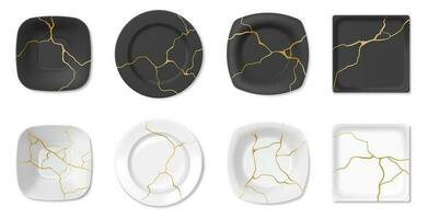 Kintsugi, gebrochen Platten mit golden Risse, japanisch Kunst von Reparatur. reparieren geknackt Keramik mit Gold, Marmor Muster Teller Vektor einstellen