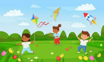 Karikatur Kinder spielen mit fliegend Drachen im Sommer- Park. Kinder halten Drachen und Laufen auf Wiese, haben Spaß draussen Vektor Illustration
