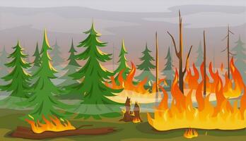 Karikatur Wald Feuer, Verbrennung Bäume, Lauffeuer natürlich Katastrophe. bewirken von Klima Veränderung oder global Erwärmen, Buschfeuer Flammen Vektor Illustration