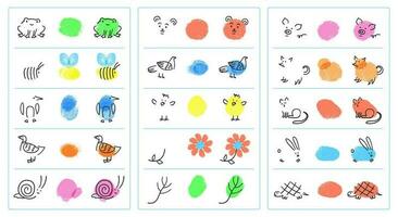 lätt fingeravtryck djur för ungar, finger måla konst spel. målning med fingrar katt, snigel, bi, förskola pedagogisk aktivitet vektor uppsättning