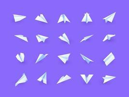 handgjort plan. platt papper plan av olika former, vikta origami flygplan former, symbol av meddelande leverans och flyg av fantasi. vektor uppsättning