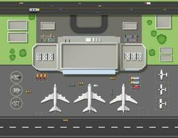 Flughafen Terminal oben Sicht. Karikatur Hangars, Runway, Ladung und Passagier Flugzeug auf Parkplatz Bereich, Bedienung Fahrzeuge Antenne oben Sicht. Vektor Stadt Flughafen Overhead Illustration