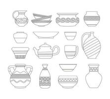 översikt vaser. abstrakt årgång linjär krukmakeri ikoner, minimal gammal dekorativ keramisk redskap pott kanna fartyg urna, enkel lera hantverk objekt. vektor uppsättning