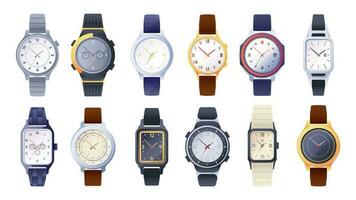 Handgelenk Uhr Sammlung. klassisch mechanisch Uhr Gesicht mit Mode Armband eben Stil, analog Armbanduhr Smartwatch männlich weiblich Zubehörteil. Vektor einstellen