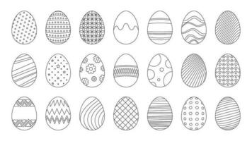 Ostern Eier Linie Symbole. schwarz Gliederung skizzieren Gekritzel Stil zum Eiersuche Dekoration, einfach minimal Dekor zum Urlaub Gruß Karte. Vektor einstellen