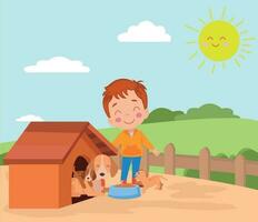 süß wenig Junge spielen mit Hund im das Hund Haus Vektor Illustration