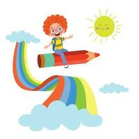 söt liten röd håriga flicka flygande på färgrik penna med Sol och moln bakgrund vektor illustration