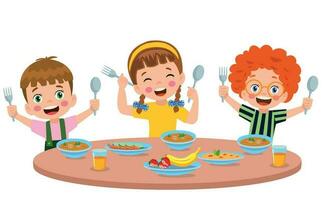 pojke och flickor äter på de dining tabell vektor