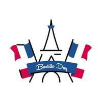 Bastille Day Eiffelturm mit Flaggenlinie und Füllstilikonenvektordesign vektor