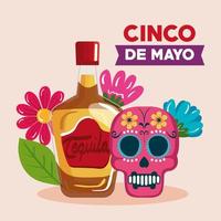 Cinco de Mayo Poster mit Tequilaflasche und verziertem Totenkopf vektor