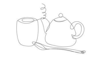 japanisch Tee Trinken Satz, Teekanne, Tasse, Löffel, Zeichnung im einer Linie Stil auf ein Weiß Hintergrund. Vektor Illustration. Tee Geschäft, Tee Zeremonie. Tee Haus. Logo, Symbol. Geschäft Karte, Design