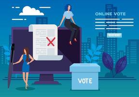 Plakat der Abstimmung online mit Computer und Geschäftsfrauen vektor