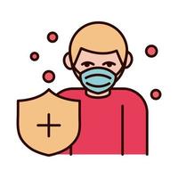 Covid 19 Coronavirus-Präventionsmann, der einen medizinischen Maskenschutz trägt, verbreitet die Pandemielinie des Ausbruchs und füllt das Stilsymbol vektor