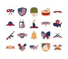 Memorial Day amerikanische nationale Feier Symbole flache Stilikone gesetzt vektor