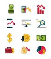 Finanzkrise Wirtschaft Geld Börsencrash Icons Set isoliertes Symbol vektor