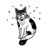 süß flauschige Katze Vektor Symbol. nett entdeckt Kätzchen sitzt und lächelt. Tier im ein Halsband mit ein Herz. einfach Gekritzel, skizzieren. isoliert Clip Art. schwarz und Weiß Illustration zum Poster, drucken, Aufkleber