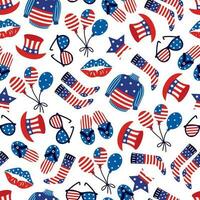 Amerika Unabhängigkeit Tag nahtlos Vektor Muster. Symbol von das National Sommer- Veranstaltung - - USA Flagge Pullover, Luftballons, oben Hut, Sonnenbrille, Kuss. patriotisch Urlaub Juli 4. eben Karikatur Hintergrund