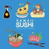 rolig japansk mat. asiatisk kök. söt söt sushi samlingar med leende ansikte och rosa kinder. tecknad serie emoji för textil, webb, skriva ut. vektor illustration.