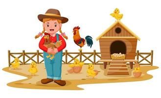 tecknad serie unge flicka matning kyckling och kycklingar. vektor illustration