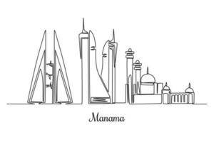 Single einer Linie Zeichnung Manama Stadt Horizont. Stadt Konzept. kontinuierlich Linie zeichnen Design Grafik Vektor Illustration.