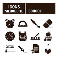 Schulbildung lernen Versorgung Briefpapier Icons Set Silhouette Stilikone vektor