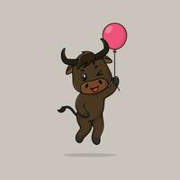 Vektor süß Baby Stier Karikatur schwebend halten Ballon Symbol Illustration.