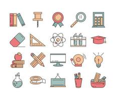 Schulbildung lernen Versorgungsmaterial Briefpapier Icons Set Linie und Füllstil-Symbol vektor