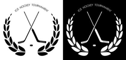 symbol, emblem av sporter pinnar för målvakt och Fielder och svart sudd puck för is hockey med laurel krans för konkurrens. hockey sporter Utrustning. aktiva livsstil. vektor