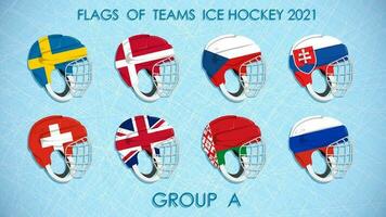 is hockey konkurrens lag flaggor 2021 på på hjälmar. grupp a. hockey ställningar på is bakgrund. meddelande av deltagarna av konkurrens. vektor
