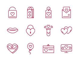 Happy Valentinstag romantische Leidenschaft Liebe Icons Set rote Linie Design vektor