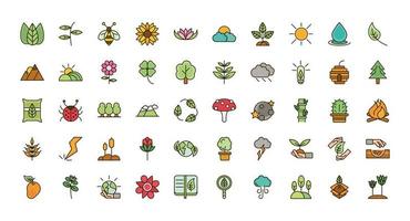 Natur Laub botanische Ökologie Zeichnung Icons Set vektor