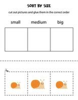 Sortieren süß Schnecken durch Größe. lehrreich Arbeitsblatt zum Kinder. vektor