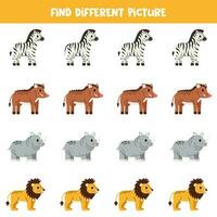 finden anders afrikanisch Tier im jeder Reihe. logisch Spiel zum Vorschule Kinder. vektor