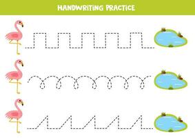 Handschrift trainieren mit süß Flamingo. Rückverfolgung Linien zum Vorschulkinder. Vektor Illustration.