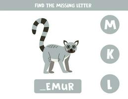 finden fehlt Brief mit Karikatur Lemur. Rechtschreibung Arbeitsblatt. vektor