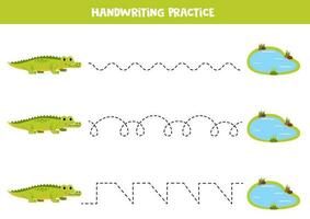 Handschrift trainieren mit süß Krokodil. Rückverfolgung Linien zum Vorschulkinder. Vektor Illustration.