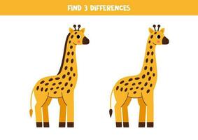 finden drei Unterschiede zwischen zwei Bilder von süß Giraffen. Spiel zum Kinder. vektor
