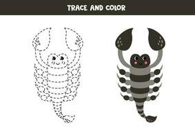 spår och Färg tecknad serie svart skorpion. kalkylblad för barn. vektor
