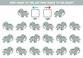 vänster eller rätt med söt tecknad serie elefant. logisk kalkylblad för förskolebarn. vektor