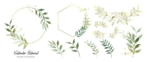 lyx botanisk guld bröllop ram element samling. uppsättning av polygon, cirkel, glitter, blad grenar, blomma, eukalyptus. elegant lövverk design för bröllop, kort, inbjudan, hälsning. vektor