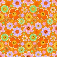 häftig blomma sömlös mönster. y2k blommig leende bakgrund. tecknad serie retro daisy skriva ut med rolig ansikten. vektor trendig estetisk illustration.