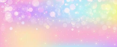 Regenbogen Einhorn Hintergrund. Pastell- Rosa Farbe Himmel mit Sterne. holographisch Fantasie drucken mit Bokeh. Vektor Hintergrund zum Prinzessin Mädchen Design.