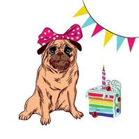 komisch Mops mit ein Bogen auf seine Kopf gegen das Hintergrund von Flaggen und ein Stück von Kuchen. Vektor Illustration auf das Thema von glücklich Geburtstag. Design Element zum Gruß Karten, Urlaub Banner.